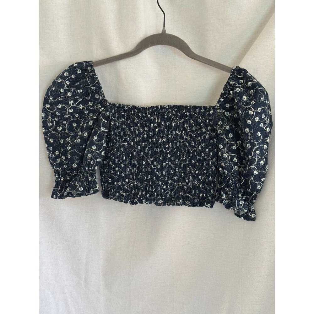 Wilfred, by Aritzia, Navy & Wh Floral Crop w/Puff slv, Open Midriff, Size S